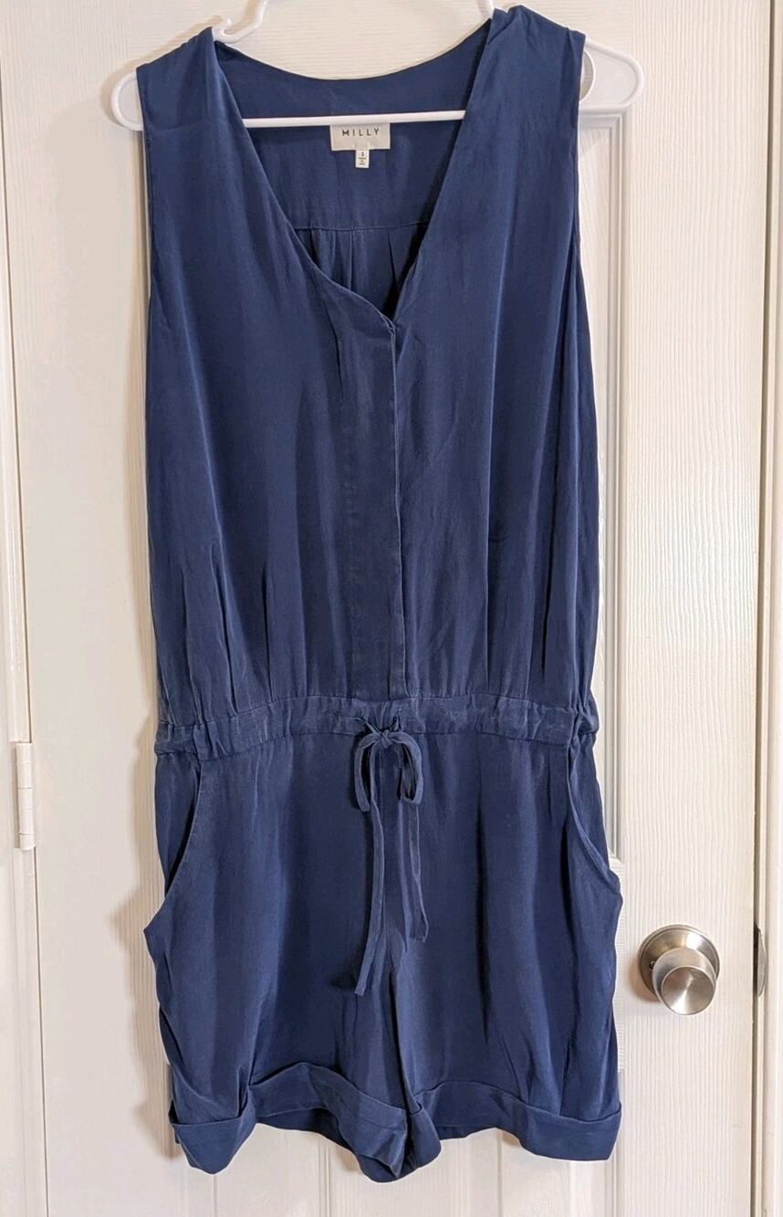MILLY Navy Blue 100% Silk Button-Front Drawstring Waist Romper Sz SMALL *Flaw